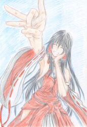  anger_vein armpits bad_id bad_pixiv_id bare_shoulders black_hair closed_eyes colored_pencil_(medium) detached_sleeves female flick forehead_flick hair_tubes hakama hakama_skirt halterneck hand_on_own_cheek hand_on_own_face incoming_attack japanese_clothes long_hair m.u.g.e.n nontraditional_miko original red_hakama sendai_hakurei_no_miko skirt solo touhou traditional_media wide_sleeves you_(esparda) 