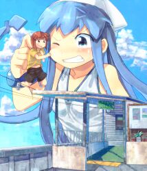  2girls aizawa_eiko bad_id bad_pixiv_id blue_eyes blue_hair brown_hair cheek_pinching dress giant giantess hat ikamusume kikiki_(hiya_mikan) long_hair multiple_girls one_eye_closed pinching shinryaku!_ikamusume short_hair tentacle_hair 