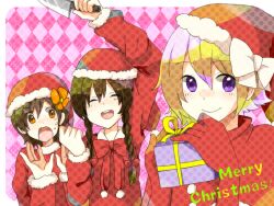  3girls alternate_costume argyle_background arm_up bad_id bad_pixiv_id blonde_hair blush border bow braid brown_hair checkered_background cheering chie_(lcddem) christmas closed_eyes dot_nose english_text flipped_hair flower gift gloves hair_between_eyes hair_flower hair_ornament hairbow hand_up hands_up happy hat hat_bow holding holding_knife knife lcddem long_hair long_sleeves madotsuki medium_hair merry_christmas multiple_girls multiple_hair_bows nata_ichio neck_ribbon nose_blush open_mouth orange_eyes orange_flower pink_background purple_eyes raised_eyebrows red_bow red_gloves red_headwear red_ribbon red_sweater ribbon santa_costume santa_hat short_hair smile surprised sweat sweatdrop sweater tareme teeth twin_braids twintails upper_body upper_teeth_only urotsuki white_border white_bow wide-eyed yellow_bow yellow_eyes yume_2kki yume_nikki 