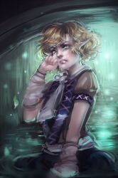  angry blonde_hair commentary_request female green_eyes hand_on_own_face mizuhashi_parsee pointy_ears sheryth short_hair short_sleeves solo tears touhou 