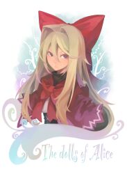  :/ blonde_hair bow bowtie capelet commentary_request corset english_text female hair_between_eyes hair_intakes hairbow hourai_doll large_bow long_hair looking_at_viewer morino_hon photoshop_(medium) purple_eyes red_bow red_bowtie red_capelet serious sidelocks solo touhou turtleneck upper_body v-shaped_eyebrows very_long_hair 