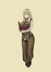  book breasts commentary_request female glasses gram_(muneneko) grey_hair holding holding_book large_breasts long_hair long_skirt long_sleeves looking_at_viewer muneneko necktie no_headwear open_book original partial_commentary red_eyes sepia_background skirt solo standing vest 