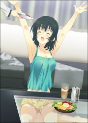  \o/ alcohol armpits arms_up bare_shoulders bed beer black_hair blush breasts can cleavage closed_eyes cup female food happy izumi_chiaki medium_breasts midriff mizuki_makoto open_mouth outstretched_arms photoshop_(medium) pillow plate short_hair shorts sitting table tank_top white_album_(series) white_album_2 