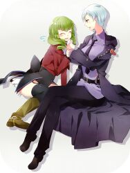  2girls belt commentary_request drill_hair garter_straps green_hair grey_hair leviathan_(umineko) multiple_girls necktie photoshop_(medium) showgirl_skirt sitting stakes_of_purgatory tears thighhighs towa1 umineko_no_naku_koro_ni ushiromiya_kyrie 