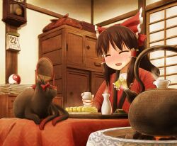  alcohol architecture ascot black_hair blush bottle bow calendar_(object) choko_(cup) clock closed_eyes commentary_request cup dotera_(clothes) east_asian_architecture egg feline female food hair_tubes hairbow hakurei_reimu hibachi_(object) indoors kaenbyou_rin kaenbyou_rin_(cat) kettle kotatsu long_hair mirror morioka_itari multiple_tails newspaper omelet pendulum_clock red_bow sake smile solo spoilers table tail tamagoyaki tokkuri touhou wall_clock yin_yang 