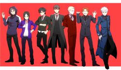  6+boys bad_id bad_pixiv_id black_hair blonde_hair brown_hair cigarette cosplay costume_switch cross cross_necklace emiya_kiritsugu emiya_kiritsugu_(cosplay) facial_hair fate/zero fate_(series) formal gloves goatee hood hoodie jacket jewelry kayneth_el-melloi_archibald kayneth_el-melloi_archibald_(cosplay) kotomine_kirei kotomine_kirei_(cosplay) long_coat male_focus matou_kariya matou_kariya_(cosplay) multiple_boys necklace necktie orange_hair photoshop_(medium) purple_jacket red_background ribbon robe simple_background suit sukumaraku tohsaka_tokiomi tohsaka_tokiomi_(cosplay) uryuu_ryuunosuke uryuu_ryuunosuke_(cosplay) waver_velvet waver_velvet_(cosplay) white_gloves white_hair 