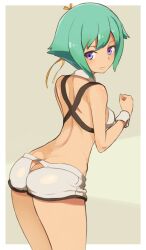  aquarion_(series) aquarion_evol arched_back ass ass_cutout butt_crack clothing_cutout commentary_request female green_hair hair_ribbon light_smile looking_back midriff purple_eyes ribbon short_hair short_shorts shorts solo tarayama white_shorts wrist_cuffs zessica_wong 