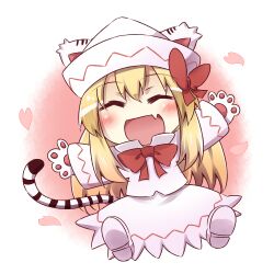  :d animal_ears animal_hands blonde_hair blush bow chibi closed_eyes commentary_request female hat heart kemonomimi_mode lily_white long_hair oerba_yun_fang open_mouth outstretched_arms shirt sitting skirt smile solo tail tiger_ears tiger_paws tiger_tail touhou yutamaro 