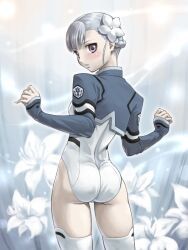  ass blue_hair blush commentary_request female fin_e_ld_si_laffinty flower hair_flower hair_ornament leotard looking_back photoshop_(medium) purple_eyes rinne_no_lagrange short_hair solo thighhighs white_thighhighs you2 