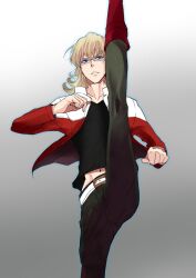  1boy acaallodola axe_kick bad_id bad_pixiv_id barnaby_brooks_jr. blonde_hair blue_eyes boots flexible glasses glowing high_kick jacket kicking male_focus navel red_jacket solo split standing standing_on_one_leg standing_split tiger_&amp;_bunny 