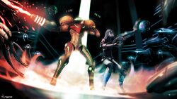  2girls alien arm_cannon armor assault_rifle assault_visor battle bodysuit crossover fewer_digits geth green_visor gun helmet m-8_avenger mass_effect_(series) mass_effect_1 metroid metroid_(creature) multiple_girls photoshop_(medium) quarian rifle roguetwo samus_aran science_fiction smoke smoking_barrel tali&#039;zorah varia_suit voice_actor_connection weapon 