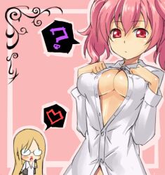  2girls ? blonde_hair blood breasts chibi cleavage commentary_request gia_kon heart inu_x_boku_ss large_breasts multiple_girls nosebleed pink_hair red_eyes roromiya_karuta twintails yukinokouji_nobara 