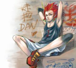  1boy armpits arms_up basketball basketball_uniform basquash! blue_eyes commentary_request dan_jd dreadlocks elbow_pads graffiti knee_pads male_focus mouth_hold red_hair shoes shorts sitting sneakers solo spiked_hair sportswear yaminojiunin 