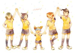  5boys bad_id bad_pixiv_id blue_hair brown_hair confetti green_hair hiruri holding_hands inazuma_eleven_(series) inazuma_eleven_go kageyama_hikaru kariya_masaki lightning_bolt_symbol matsukaze_tenma multiple_boys nishizono_shinsuke open_mouth photoshop_(medium) raimon raimon_soccer_uniform short_hair smile soccer_uniform sportswear tsurugi_kyousuke yellow_eyes 