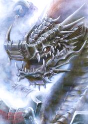  akio_(artist) armor commentary_request dragon fog gigandal horns monster no_humans photoshop_(medium) pixiv_fantasia pixiv_fantasia_3 red_hair scales sharp_teeth solo teeth tusks white_eyes wings 