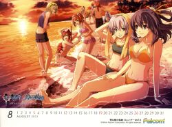  2012 3boys 6+girls ao_no_kiseki arm_support august back barefoot beach bikini bikini_skirt black_hair breasts brown_hair calendar_(medium) cleavage company_name copyright_name diving_mask eiyuu_densetsu elie_macdowell fran_seeker frilled_bikini frills goggles green_bikini green_hair grey_hair group_picture half_updo height_difference highres kea_(eiyuu_densetsu) large_breasts lloyd_bannings long_hair medium_breasts multiple_boys multiple_girls navel noel_seeker octopus official_art official_wallpaper orange_background orange_bikini partially_submerged ponytail randolph_orlando red_hair rixia_mao short_hair shorts side-tie_bikini_bottom sitting small_breasts snorkel sully_atraid summer sunset swimsuit tio_plato topless_male twintails water wazy_hemisphere zero_no_kiseki 