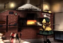  blouse boots brick_oven cake commentary_request cooking dress female flour food green_dress green_eyes green_hair hat highres komeiji_koishi looking_back oven oven_mitts shirt short_hair skirt solo standing striped_clothes striped_thighhighs thighhighs touhou tsubasa_(abchipika) 