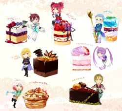  3girls 4boys annotated arms_behind_back asbel_lhant ascot bad_id bad_pixiv_id banana beard black_legwear blonde_hair blue_eyes blue_hair blue_shirt blueberry brothers brown_eyes brown_hair cake cake_slice cheria_barnes chibi chocolate chocolate_cake coat facial_hair food food_focus foodification fruit gelatin glasses gloves group_picture hand_on_own_hip heterochromia hubert_ozwell long_hair malik_caesars mousse_(food) multicolored_hair multiple_boys multiple_girls objectification pants parfait pascal_(tales) pie pink_hair purple_eyes purple_hair purple_skirt rare_cheesecake red_hair richard_(tales) scarf sen_nai shirt shoes short_hair siblings sitting skirt smile sophie_(tales) spoon strawberry strawberry_shortcake tales_of_(series) tales_of_graces thighhighs translated twintails two-tone_hair two_side_up white_background white_coat white_hair yellow_eyes 