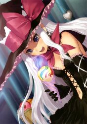  :d absurdres black_gloves bow breasts cleavage dutch_angle earrings elbow_gloves elf female food gloves hat heart heart_earrings highres ice_cream ice_cream_cone jewelry long_hair medium_breasts melty_(shining_hearts) open_mouth photoshop_(medium) pointy_ears purple_eyes shining_(series) shining_hearts smile solo tony_taka white_hair witch_hat 