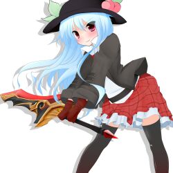  alternate_costume alternate_weapon bakko blue_hair blush casual commentary_request female food fruit gloves hat hinanawi_tenshi long_hair peach red_eyes skirt smile solo sword thighhighs touhou weapon 