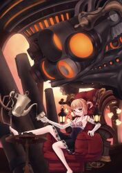  bare_shoulders barefoot breasts chair commentary_request corset dress elbow_gloves female gears glasses gloves highres lamp lantern machine medium_breasts orange_eyes orange_hair pixiv_festa sitting solo table tama_(speedgrapher) teapot 