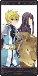  2boys armor black_eyes black_hair blonde_hair blue_eyes coat commentary_request flynn_scifo gloves lion long_hair male_focus md5_mismatch motoko_(ambiy) multiple_boys photoshop_(medium) resolution_mismatch rounded_corners source_larger strength_(tarot) sword tales_of_(series) tales_of_vesperia tarot tarot_(medium) weapon white_background yuri_lowell 