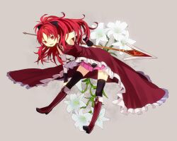  bad_id bad_pixiv_id boots bow dress female flower hairbow highres lily_(flower) long_hair magical_girl mahou_shoujo_madoka_magica mahou_shoujo_madoka_magica_(anime) polearm polearm_behind_back red_eyes red_hair sakura_kyoko sakura_kyoko_(magical_girl) sne solo spear thighhighs weapon 