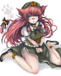  animal_ears ankle_cuffs bandaid bandaid_on_face bandaid_on_nose blue_eyes bondage bondage bound bound_wrists bow braid breasts cat_ears cat_tail commentary_request female hairbow hat hong_meiling kemonomimi_mode long_hair medium_breasts open_mouth panzer_(p.z) red_hair sitting solo star_(symbol) tail touhou twin_braids wariza 