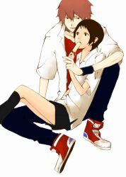  1boy black_hair brown_eyes commentary_request couple dress_shirt eating female food grin holding_hands konno_makoto mamiya_chiaki neeharu popsicle red_hair shirt shoes short_hair simple_background sitting sitting_on_lap sitting_on_person skirt smile sneakers straight toki_wo_kakeru_shoujo white_background 