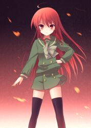  alastor_(shakugan_no_shana) commentary_request female jewelry long_hair nanae_akio pendant photoshop_(medium) red_eyes red_hair school_uniform serafuku shakugan_no_shana shana thighhighs zettai_ryouiki 