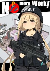  :&lt; armband assault_rifle blonde_hair chiyomi clothes_writing commentary_request daga_kotowaru female futaba_anzu ghostbusters gun helmet home_security idolmaster idolmaster_cinderella_girls load_bearing_vest long_hair m4_carbine military military_uniform neet no_symbol p-head_producer producer_(idolmaster) rifle scope trigger_discipline twintails uniform very_long_hair weapon 