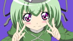  3: blush commentary_request derivative_work double_v dress eyelashes female green_dress green_hair hat kawamura_toshie_(style) let&#039;s_go!_smile_precure!_(song) long_sleeves ltd_border nervous parody precure purple_eyes screenshot_redraw short_hair simple_background smile_precure soga_no_tojiko solo tate_eboshi tears touhou v 