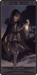  1boy belt black_eyes black_hair black_theme boots cape coat commentary_request grey_footwear hood knee_boots lantern long_hair male_focus md5_mismatch motoko_(ambiy) pants photoshop_(medium) resolution_mismatch rounded_corners serious solo source_larger sword tales_of_(series) tales_of_vesperia tarot tarot_(medium) the_hermit_(tarot) tree weapon yuri_lowell 