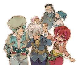  3boys 3girls ange_serena bad_id bad_pixiv_id beret black_hair blue_hair coat green_eyes green_hair grey_eyes group_picture hat hermana_larmo high_ponytail iria_animi long_hair midriff multiple_boys multiple_girls one_eye_closed pants ponytail purple_hair red_eyes red_hair ricardo_soldato ruca_milda short_hair smile soto spada_belforma tales_of_(series) tales_of_innocence very_short_hair white_background white_hair 