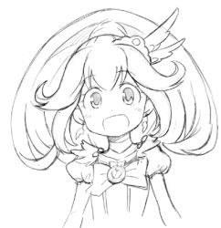  :d anbe_masahiro blush bow commentary_request cure_peace earrings eyelashes female greyscale hair_flaps hair_ornament jewelry long_hair lowres magical_girl monochrome open_mouth precure smile smile_precure solo white_background wide_ponytail wings yayoi_kise 