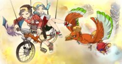  1boy backwards_hat bad_id bad_pixiv_id baseball_cap bicycle bird black_hair crobat ethan_(pokemon) female hat ho-oh holding kris_(pokemon) ledian multiple_riders nishizawa pokemon pokemon_(creature) pokemon_gsc riding sidesaddle twintails 