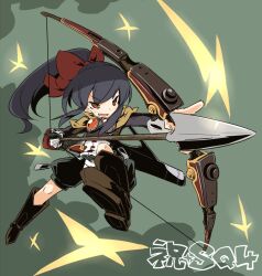  aiming arrow_(projectile) black_hair boots bow_(weapon) brown_eyes commentary_request drawing_bow female goggles holding holding_arrow holding_bow_(weapon) holding_weapon oerba_yun_fang outstretched_arm ponytail raigou ribbon sekaiju_no_meikyuu sekaiju_no_meikyuu_4 sniper_(sekaiju) sniper_2_(sekaiju) solo weapon 