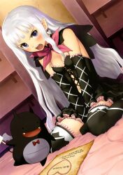  absurdres between_legs between_thighs black_gloves black_thighhighs blush creature dutch_angle earrings elbow_gloves elf female gloves heart heart_earrings highres jewelry long_hair looking_at_viewer melty_(shining_hearts) navel open_mouth photoshop_(medium) pointy_ears purple_eyes shining_(series) shining_hearts sitting solo sorbe_(shining_hearts) thighhighs tony_taka wariza white_hair 