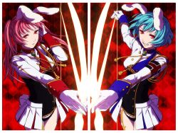  2girls animal_ears bad_id bad_pixiv_id blue_hair chiester410 chiester45 chiester_sisters commentary_request egawa_satsuki gloves grin highres multiple_girls pink_hair rabbit_ears rabbit_tail red_eyes short_hair showgirl_skirt smile tail twintails umineko_no_naku_koro_ni 