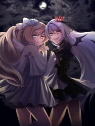  2girls bat_wings blonde_hair blue_eyes bow capelet dress fishnet fishnets gothic_lolita hair_ornament hairbow hand_holding heterochromia ktsis lolita_fashion long_hair looking_back mizuki25 multiple_girls open_mouth orange_eyes original purple_eyes purple_hair red_eyes ribbon skull smile very_long_hair wings 