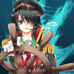  aqua_eyes bad_id bad_pixiv_id black_hair female hair_over_one_eye hat kiseru murasa_minamitsu sailor_hat sayuma short_hair smoke_ring smoking_pipe solo touhou wheel 