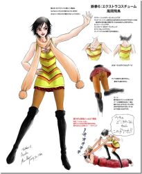  asphyxiation bare_shoulders boots brown_eyes dress female hand_on_own_hip kazama_asuka nagano_mamoru pantyhose paul_phoenix pleated_skirt scarf short_hair skirt strangling striped tekken translation_request white_background 