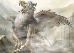  akio_(artist) beak building commentary_request feathers fog griffin lion_tail monster mountain muscular no_humans photoshop_(medium) pixiv_fantasia pixiv_fantasia_3 roaring ruins scales solo tail tongue wings yellow_eyes 