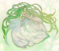  3838383 absurdly_long_hair arm_ribbon bare_shoulders bracelet closed_eyes crop_top female forehead full_body green_hair hair_ornament hair_tubes jewelry lithia_spodumene long_hair long_skirt midriff ribbon skirt solo tales_of_(series) tales_of_hearts tiara very_long_hair 