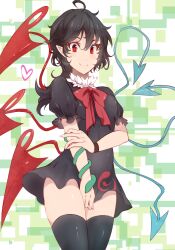  ahoge asymmetrical_wings bad_id bad_pixiv_id black_dress black_hair black_thighhighs bow dress dress_tug female heart holding_own_arm houjuu_nue no_panties pointy_ears red_eyes short_hair smile snake solo takaharu thighhighs touhou wings zettai_ryouiki 