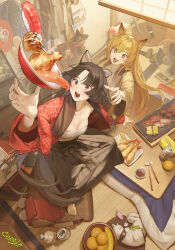  2girls absurdres amiya_(arknights) animal_ears arknights artist_name barefoot blonde_hair blush bottle bowl breasts brown_eyes brown_hair brown_skirt cammy_white can ceobe_(arknights) ceobe_(unfettered)_(arknights) chest_sarashi chicken_(food) chicken_leg chinese_commentary chopstick_rest chopsticks commentary_request dog_ears dog_girl electric_fan facial_mark feline fish_(food) food forehead_mark fruit highres ikura_(food) indian_style indoors japanese_clothes kal&#039;tsit_(arknights) kimono kimono_skirt looking_at_food multiple_girls nigirizushi oerba_yun_fang open_clothes open_kimono open_mouth orange_(fruit) parted_bangs ptilopsis_(arknights) saga_(arknights) sarashi sausage signature sitting skin_fang skirt slippers small_breasts sparkling_eyes sushi tempura tissue toy_mouse unworn_slippers 