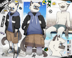  00niine anthro black_clothing black_footwear black_jacket black_nose black_socks black_topwear blue_clothing blue_eyes blue_hoodie blue_topwear bottomwear brown_bottomwear brown_clothing brown_ears brown_mask brown_shorts brown_tail cargo_shorts character_name clothing domestic_cat felid feline felis footwear fur gender_symbol hand_in_pocket hoodie jacket male male_symbol mammal model_sheet navel nipples peace_symbol pockets pool rubik&#039;s_cube shorts siamese signature socks solo swedish_flag swimming_trunks swimwear symbol tail text topwear white_body white_fur white_sneakers 