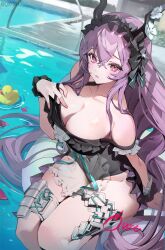  absurdres arknights black_one-piece_swimsuit breasts cleavage female flower highres horn_flower horns large_breasts long_hair one-piece_swimsuit pool purple_eyes purple_hair qure_(qxfixh) rubber_duck sitting swimsuit swimsuit_tug thigh_strap typhon_(arknights) typhon_(temperature_difference)_(arknights) very_long_hair 