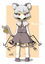  animal_ears basket character_name commentary_request dowsing_rod female gem grey_hair hecchi_(blanch) holding holding_with_tail jewelry jitome loafers lolicon mouse_(animal) mouse_ears mouse_tail nazrin necklace pendant pink_eyes prehensile_tail shadow shirt shoes short_hair skirt skirt_set socks solo standing tail touhou vest white_socks 