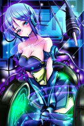  bad_id bad_pixiv_id bare_shoulders blue_eyes blue_hair blush breasts cable cleavage dress female gloves headset highres idolmaster idolmaster_dearly_stars large_breasts mizutani_eri natsu_(anta_tte_hitoha) short_hair solo thighhighs 